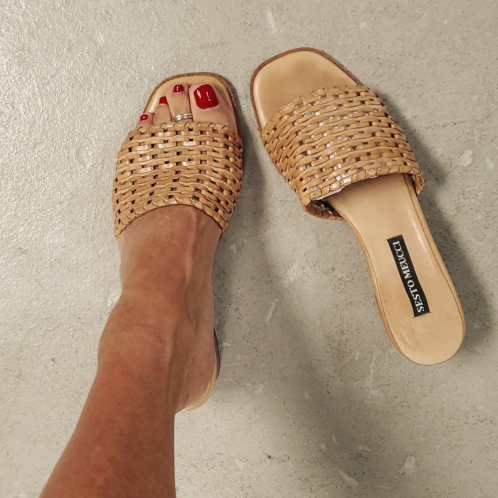 Sesto Meucci, weaved tan leather slides.  Size 5.5 with a 2" heel.